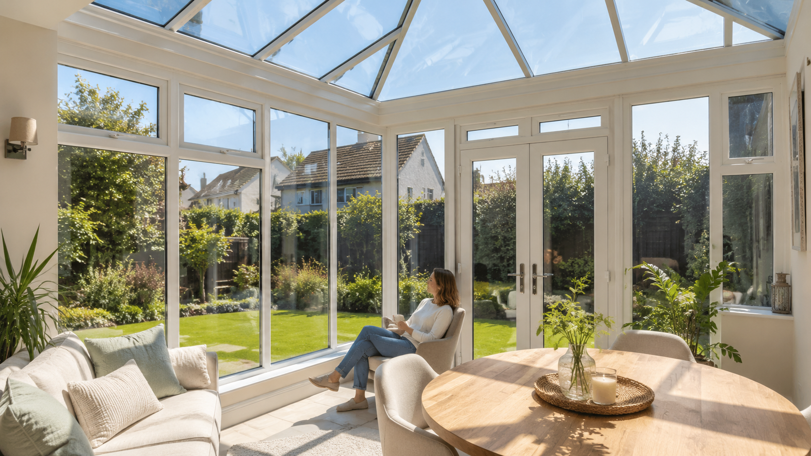 Sunlit residential conservatory with garden views