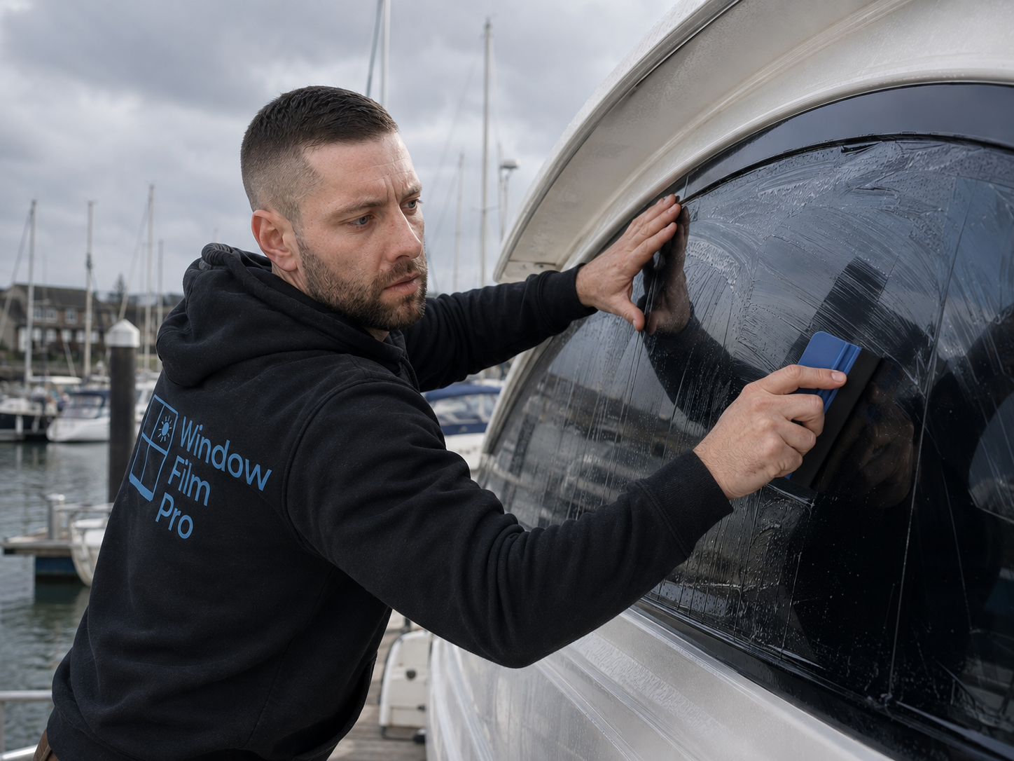 Installer pre-shaping marine window film on curved boat glazing