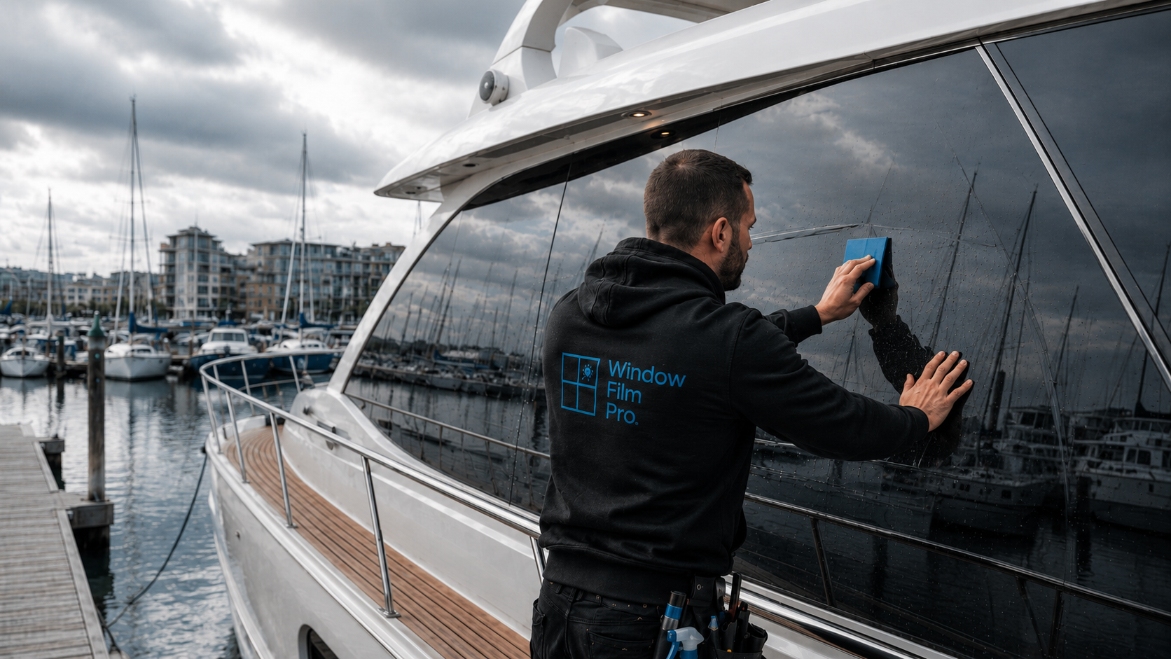 Window Film Pro installer pre-shaping window film on curved yacht glass before internal installation