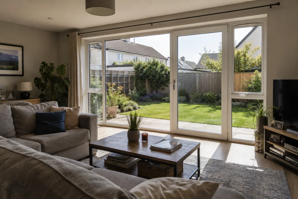 Bright residential living room with garden-facing glazing in Dublin